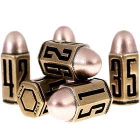 LYNX Bullet Metal Dice Set in brass, close-up for premium rolling feel.