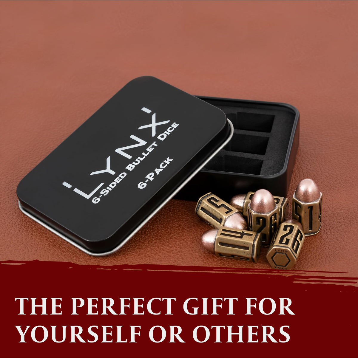 LYNX brass D6 dice set, perfect for rule-heavy tabletop games.