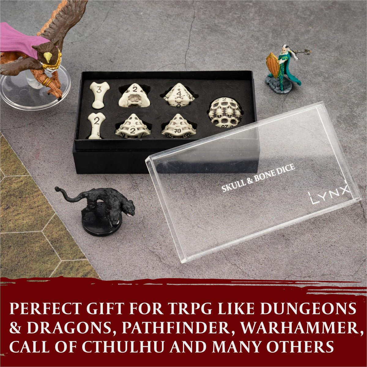 LYNX DND skull-bone D10 dice for percentile and standard checks.