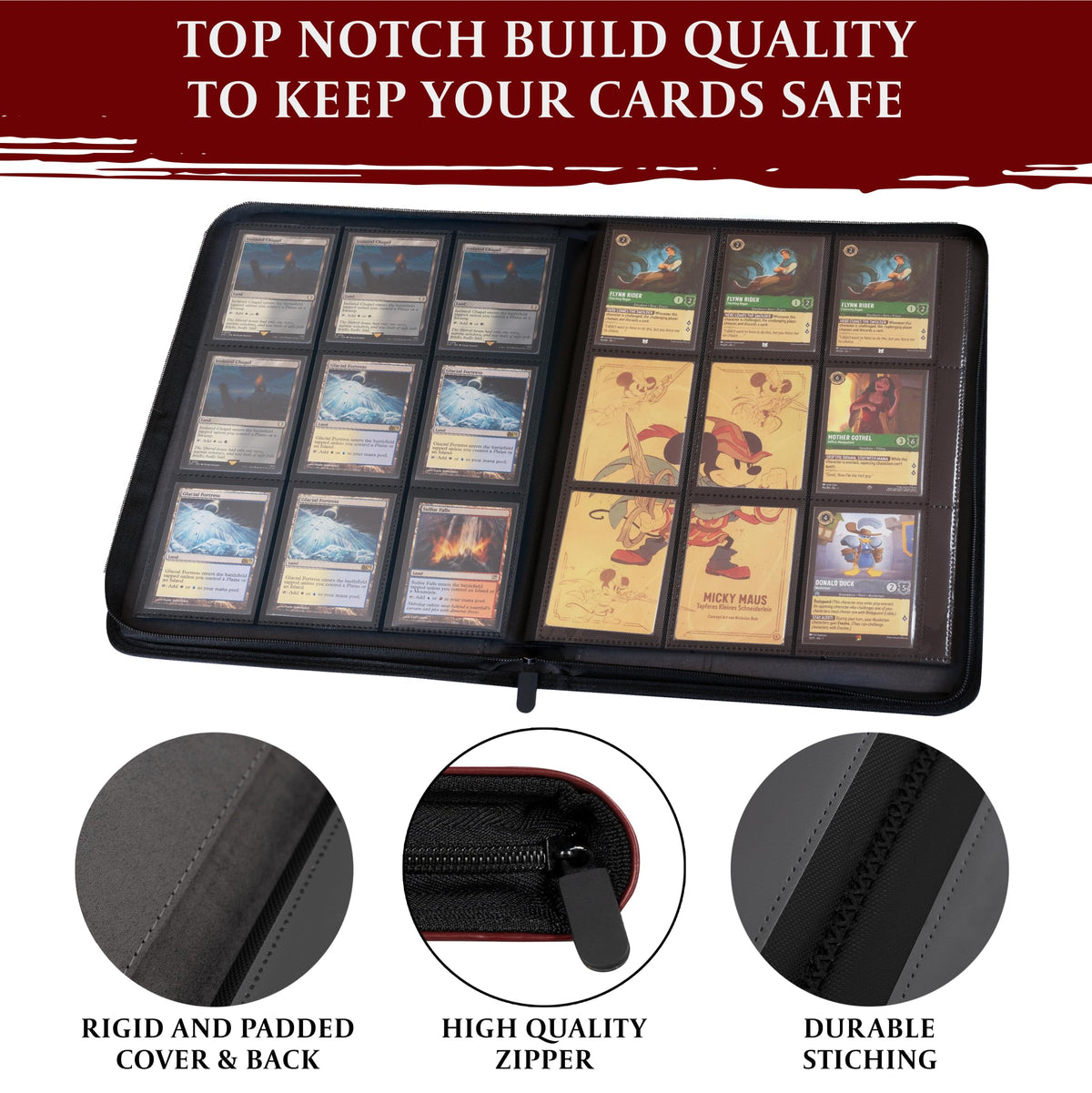 Soft interior minimizes scratches when handling sleeved or sleeveless cards.