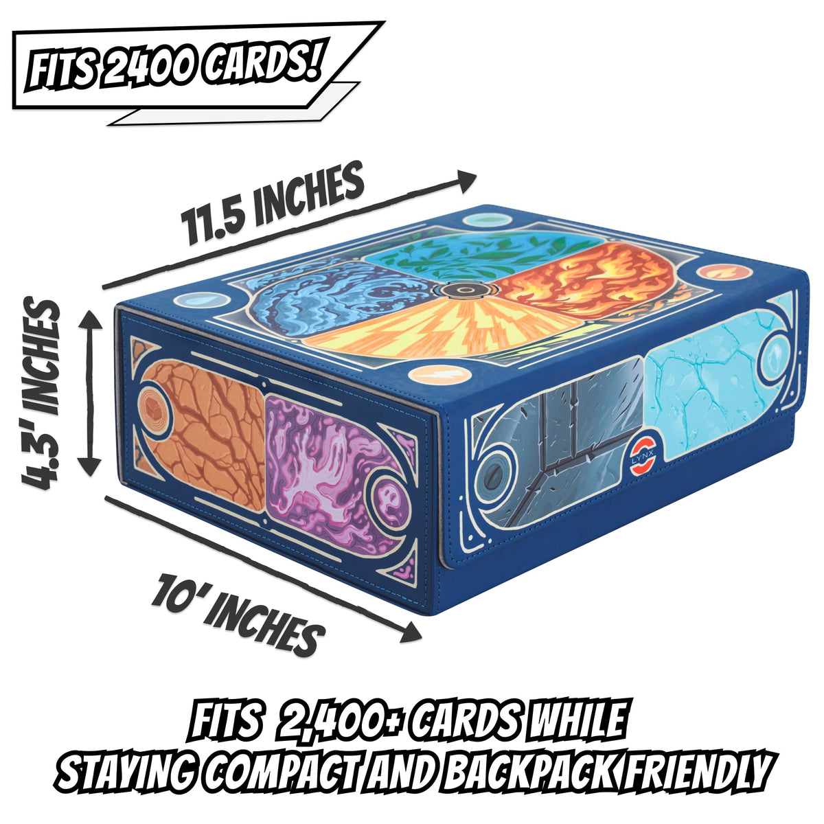 LYNX storage box interior shows capacity for 2,400+ cards and versatile sleeved or unsleeved decks.