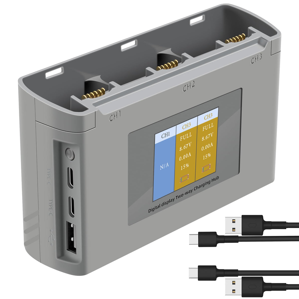 Lyongtech LCD charger front display shows battery status for quick checks