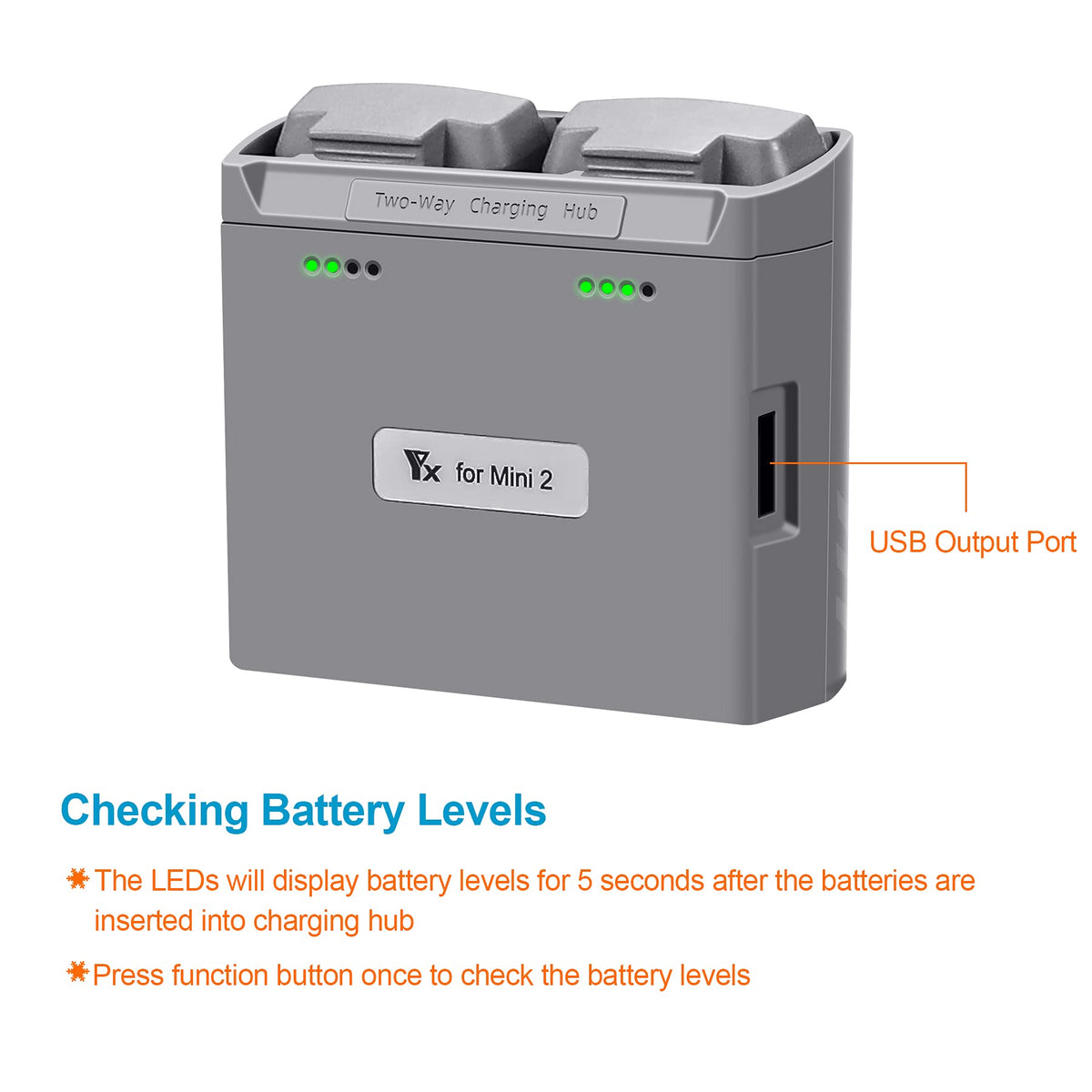 LYONGTECH charging hub with dual USB-C inputs powering two DJI batteries