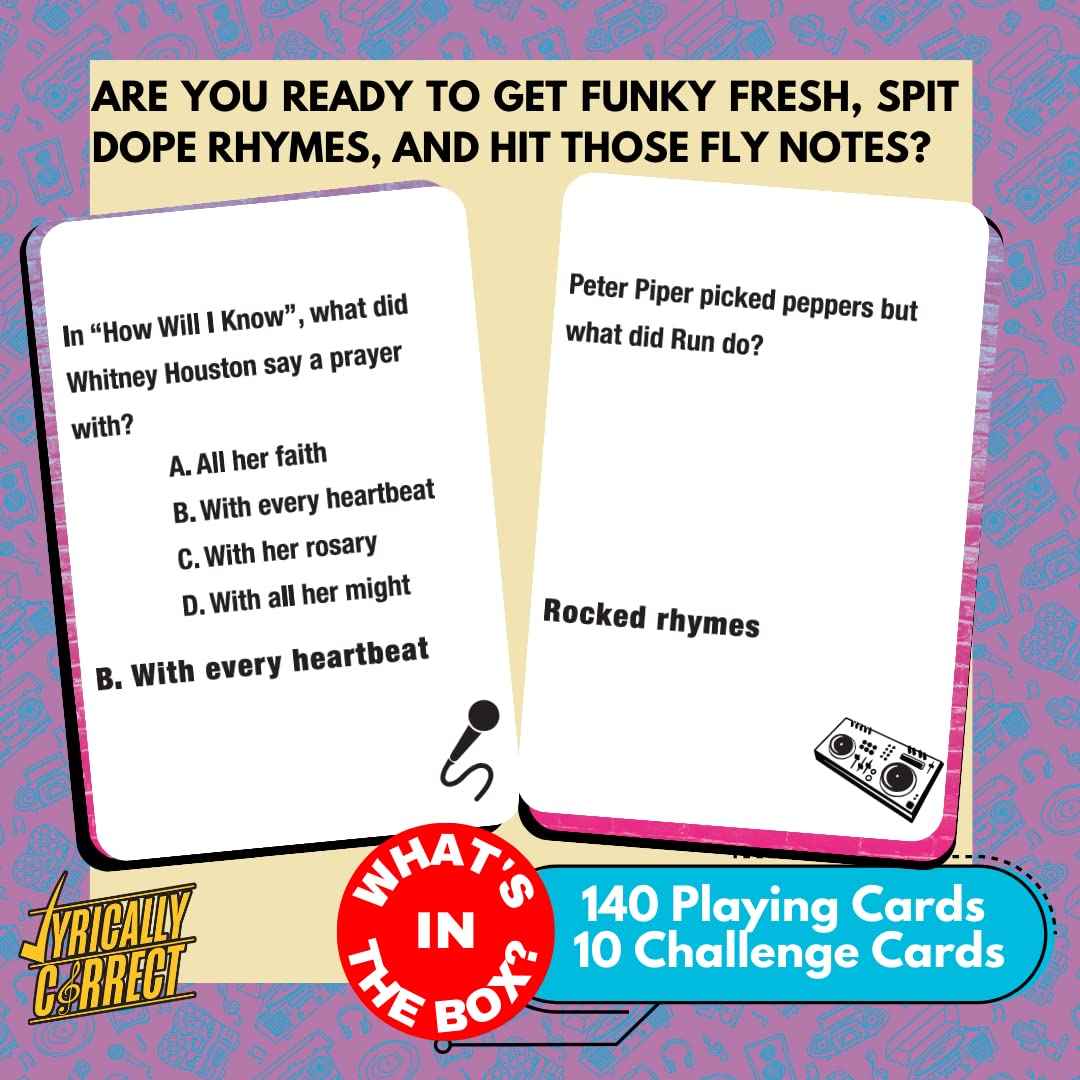 Lyrically Correct 80s Mixtape challenge-cards—quick twists to test recall.