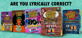 Lyrically Correct 80s Mixtape unboxing shot—shows 140 lyric cards and 10 challenges.