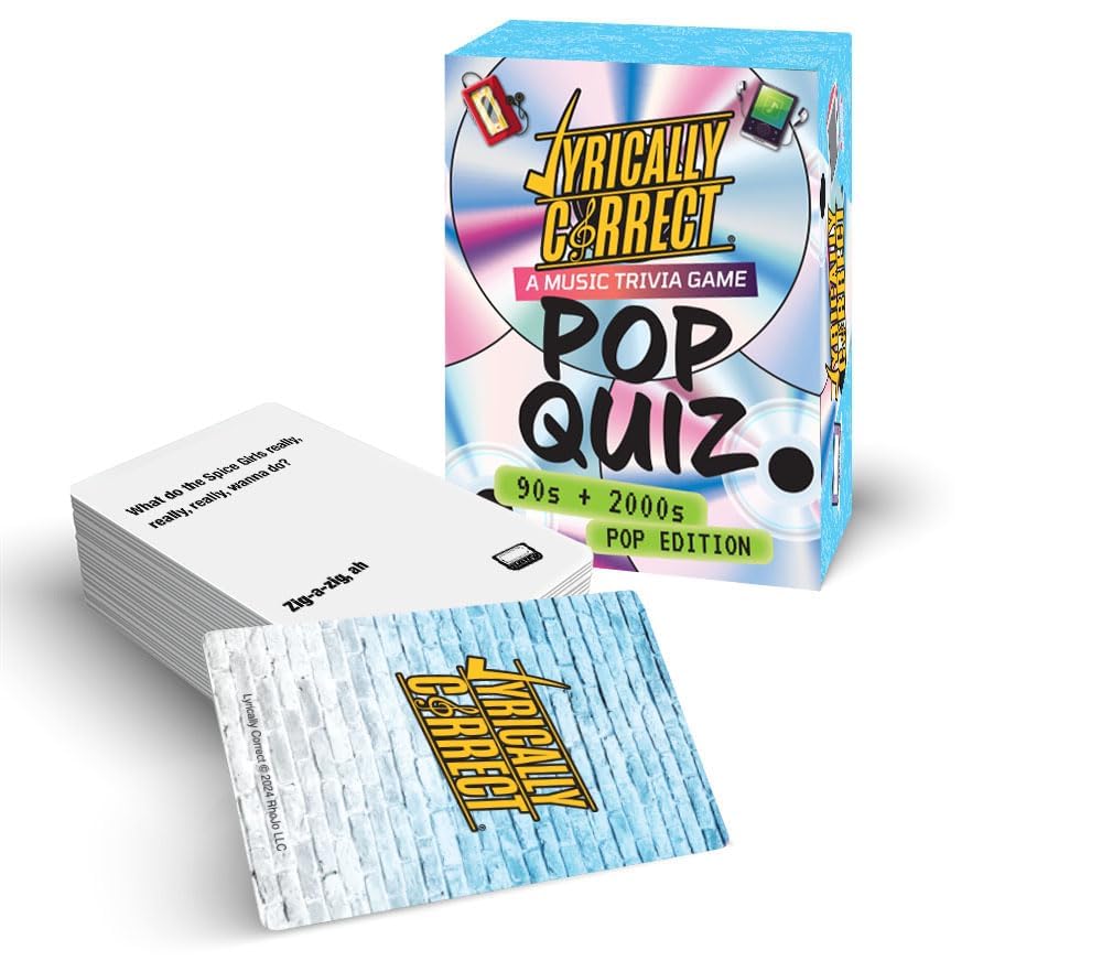 Lyrically Correct finish-the-lyrics cards showcase lyric prompts for group gatherings.