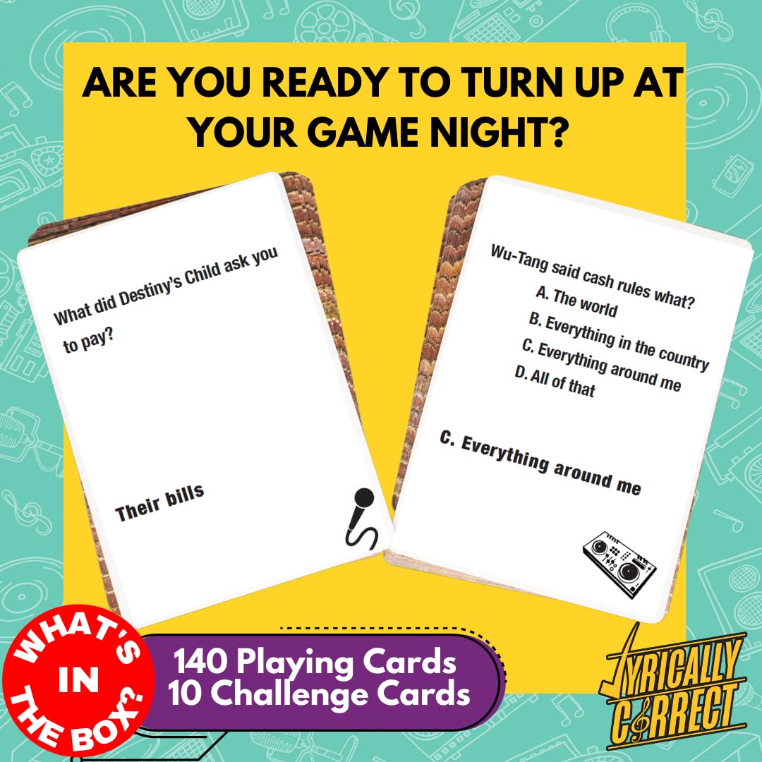 Lyrically Correct trivia cards spread showing prompts from beloved tracks