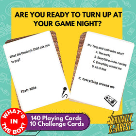 Lyrically Correct trivia cards spread showing prompts from beloved tracks
