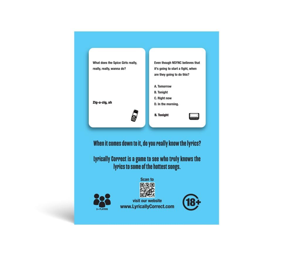 Lyrically Correct lyrics challenge cards featuring iconic pop hits for trivia nights.