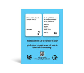 Lyrically Correct lyrics challenge cards featuring iconic pop hits for trivia nights.