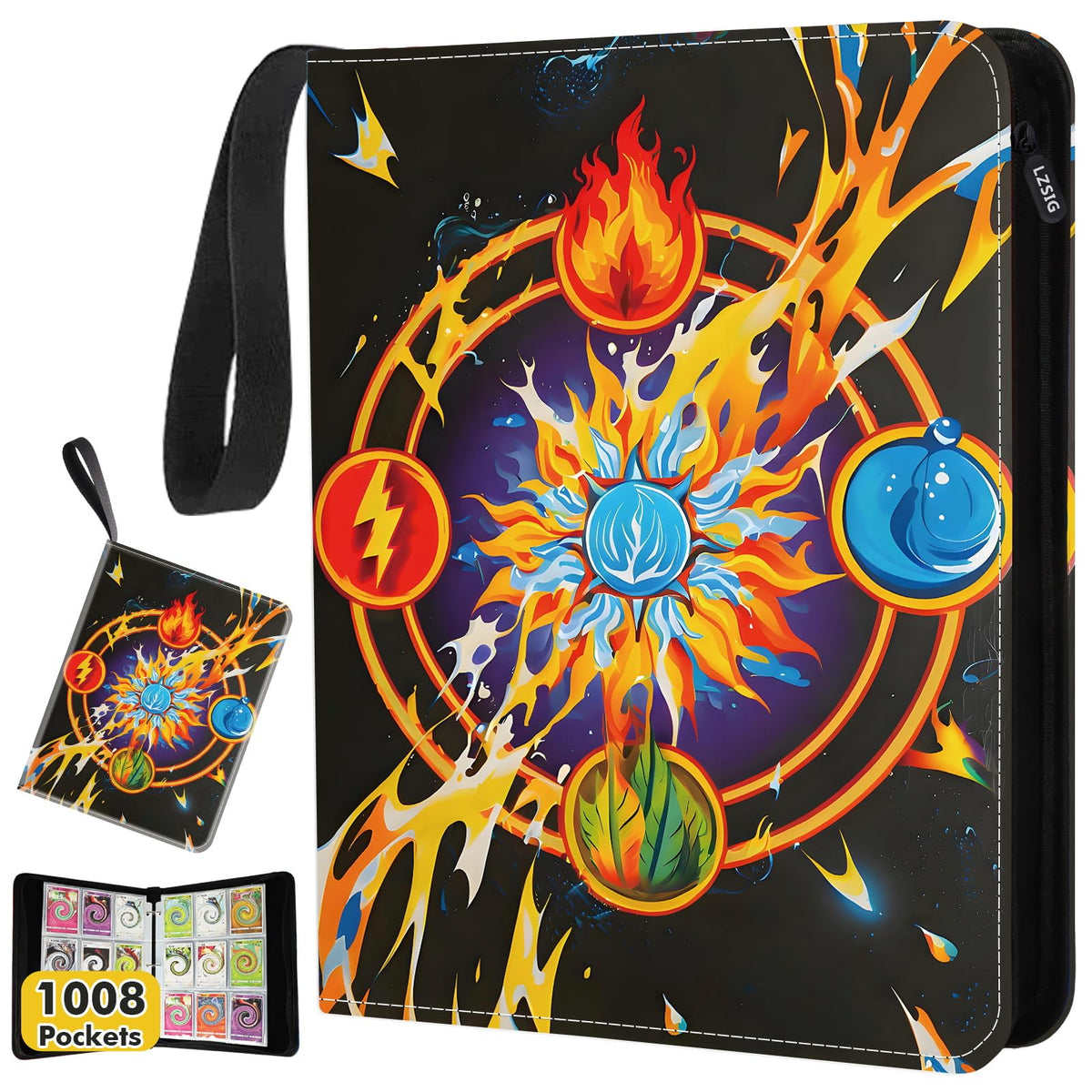 LZSIG 9-pocket binder front view, vibrant artwork and portable protection for collections.