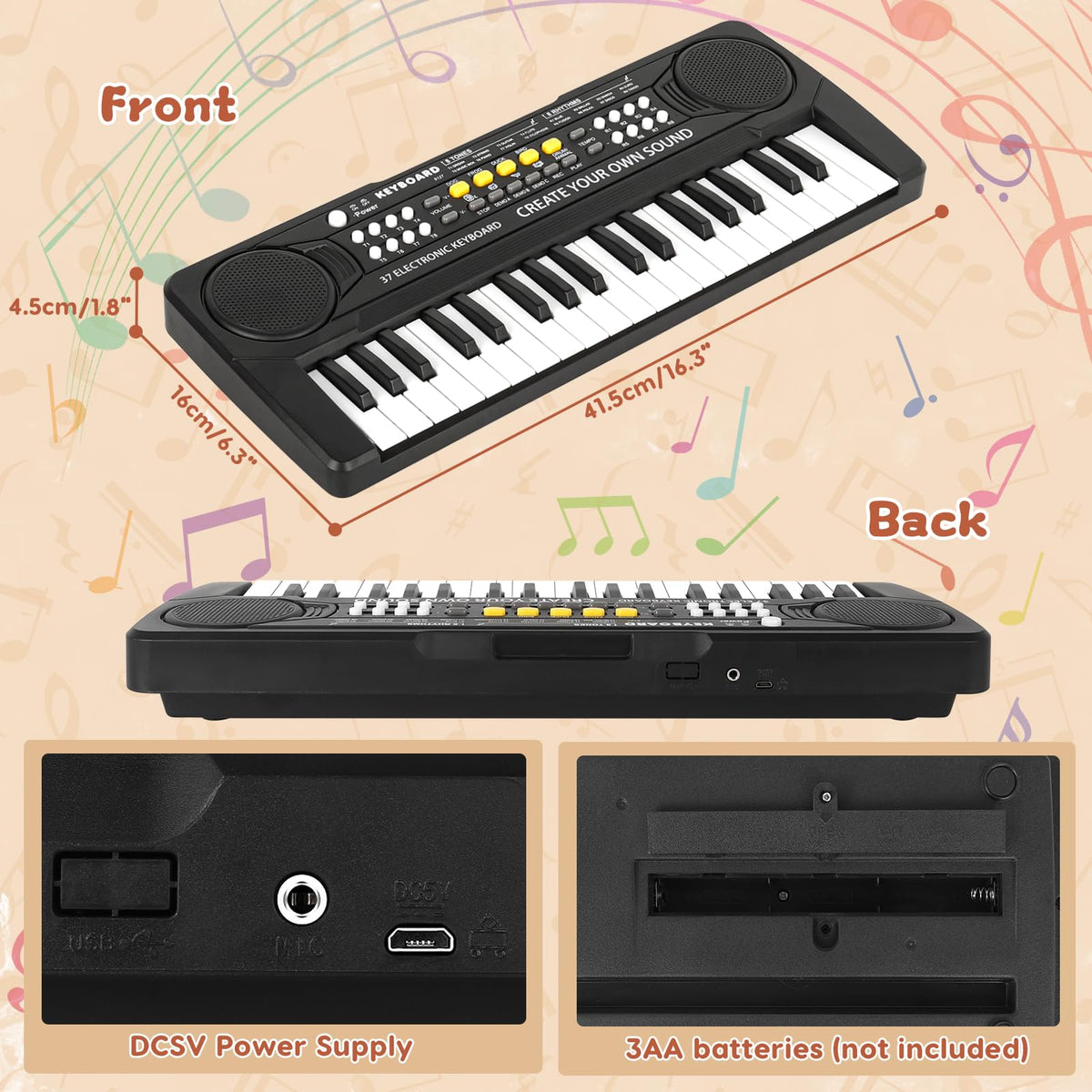 M SANMERSEN 37-key upgrade piano keyboard displaying 8 rhythms and 19 demos for creativity.