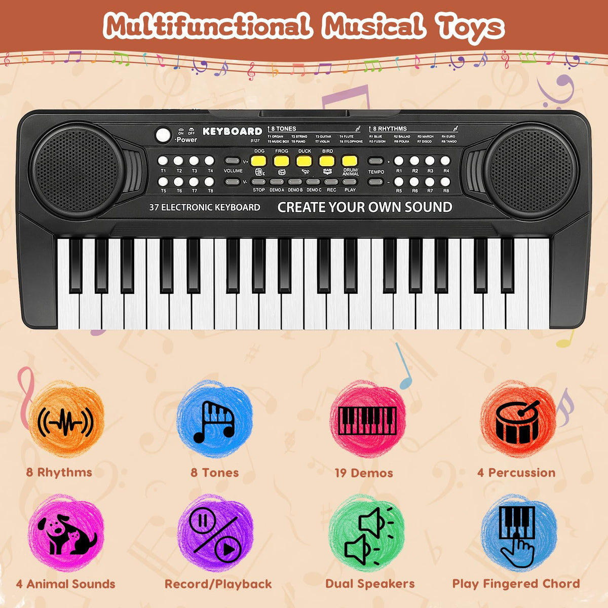 M SANMERSEN 37-key upgrade piano keyboard with microphone encouraging kids to sing along.