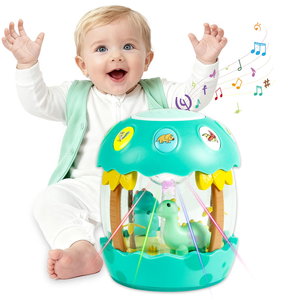 M SANMERSEN dinosaur rotating toy with lights engaging baby during tummy time