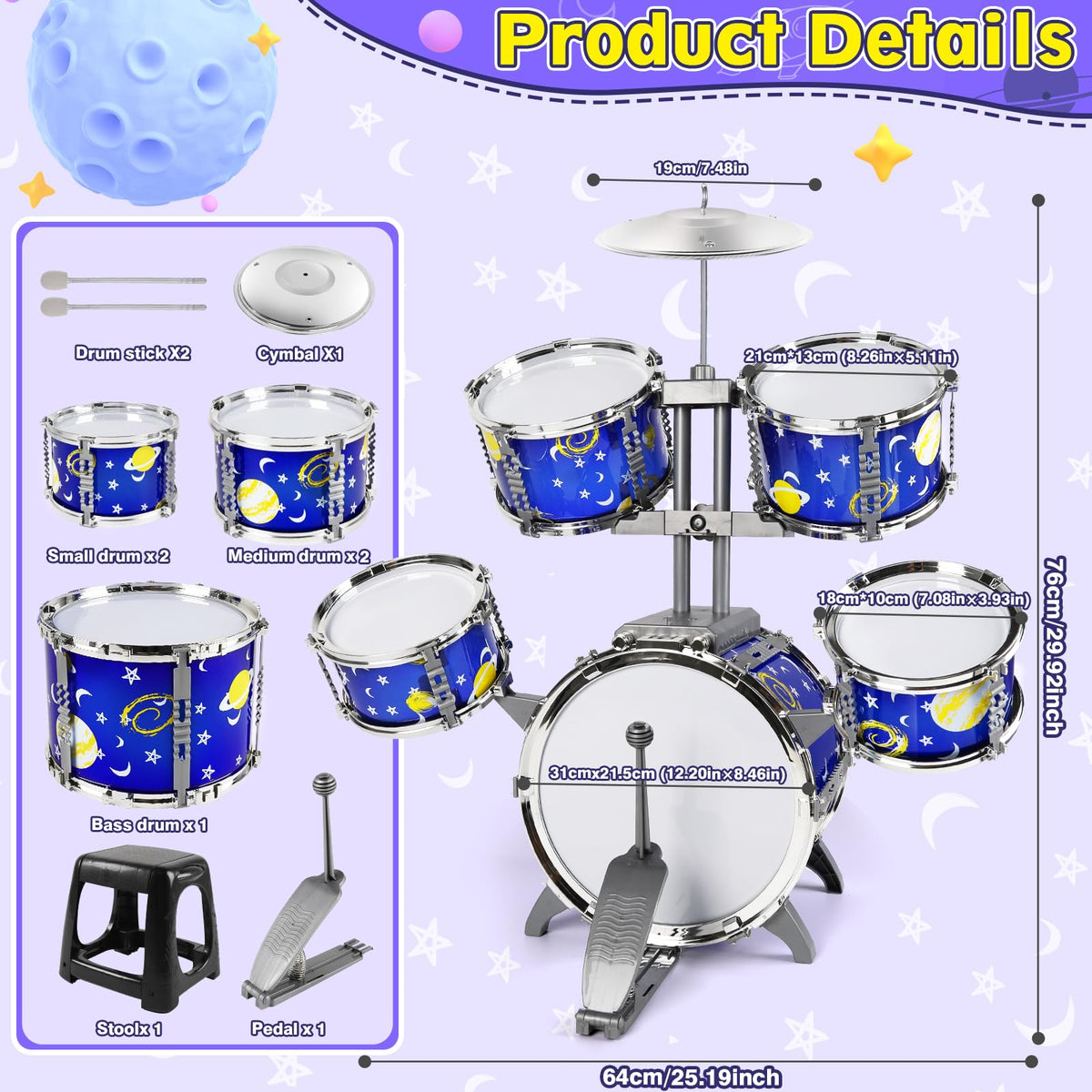 M SANMERSEN Drum set angled at 30 degrees for easy reach
