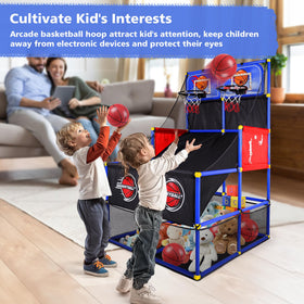 Six lightweight balls included for quick, shared play sessions with the arcade hoop.