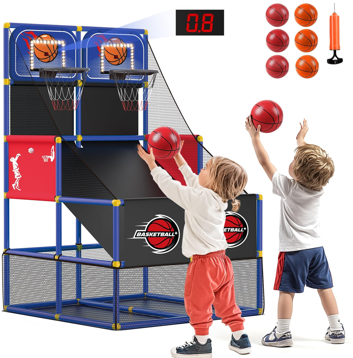 M SANMERSEN Kids Double Basketball Hoop Arcade front view with LED lighting boosts active play and fun.