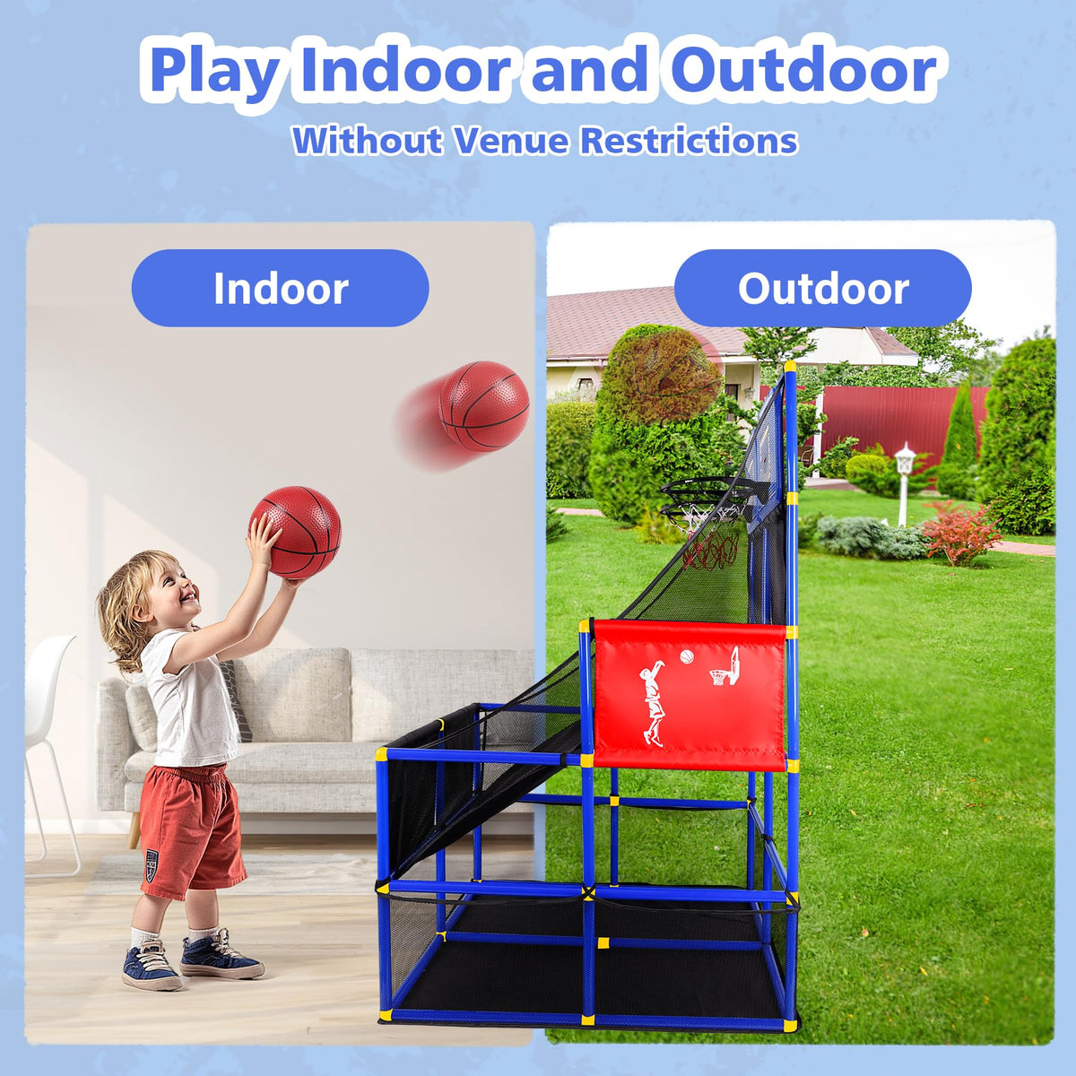 Durable ABS-PVC construction supporting safe, sturdy arcade basketball play anywhere.