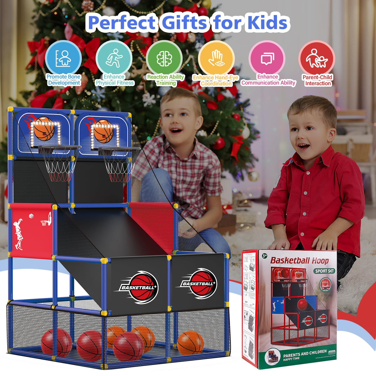 M SANMERSEN Kids Double Basketball Hoop Arcade with bright LED light for engaging play sessions.