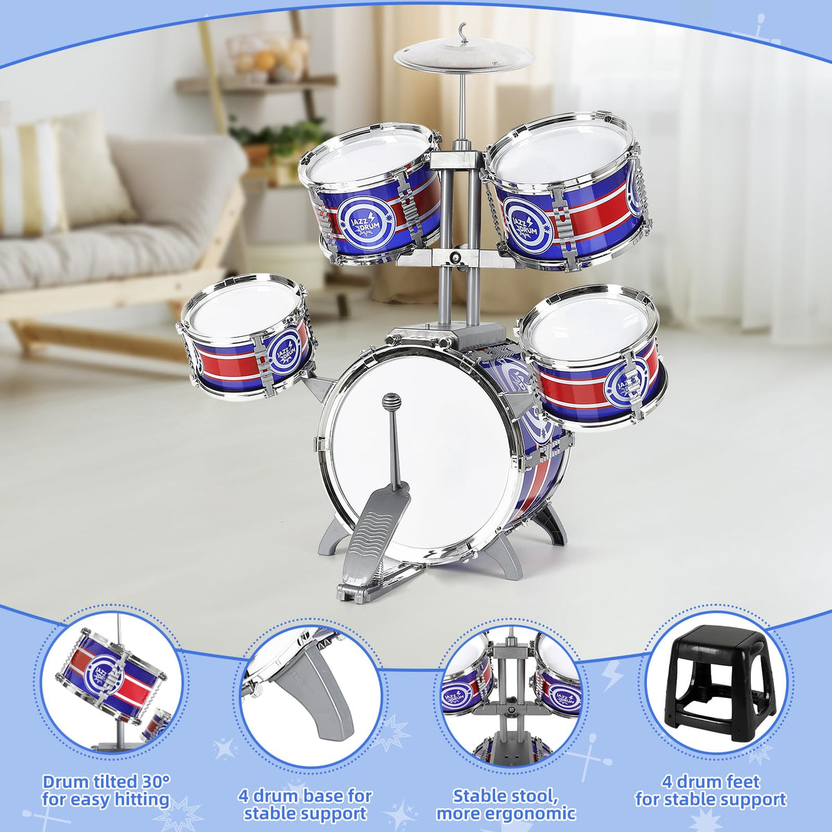 M SANMERSEN kids drum set right mid-drum for confident play.