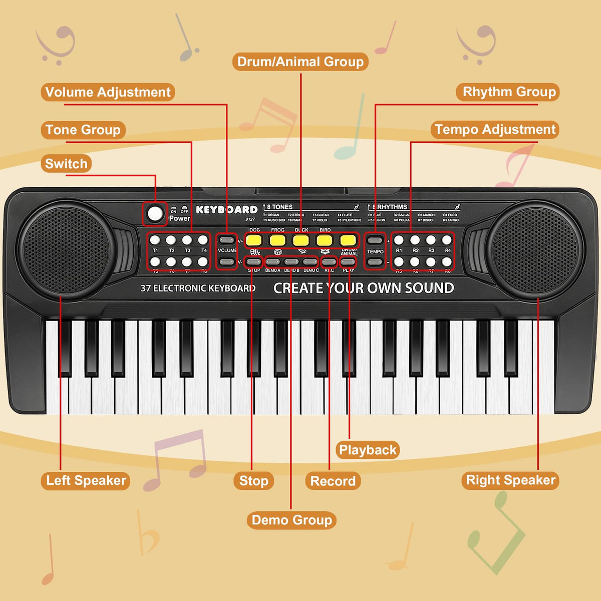 USB or battery powered portable piano toy for on-the-go practice.