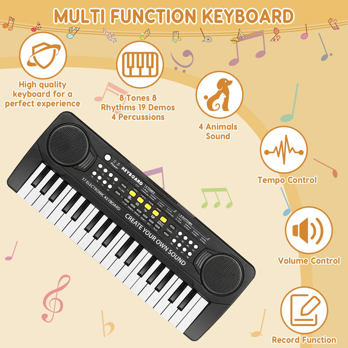 Wood-grain key design provides tactile feel for small fingers.