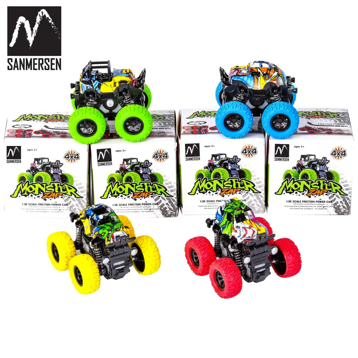 M SANMERSEN Monster Truck four-pack set ready for playtime.