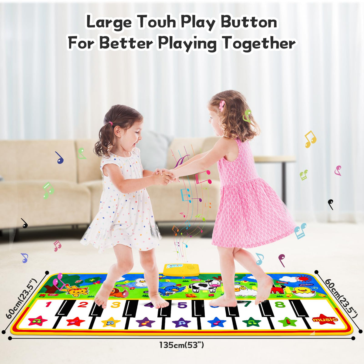 Colorful keys on the mat encourage hands-on musical play