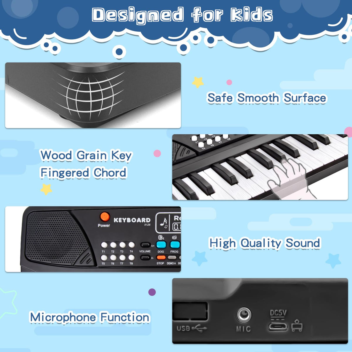 Record and playback lets kids hear their melodies after playing