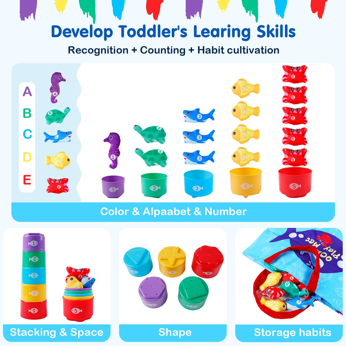 M SANMERSEN stacking cups and buckets invite counting and matching.