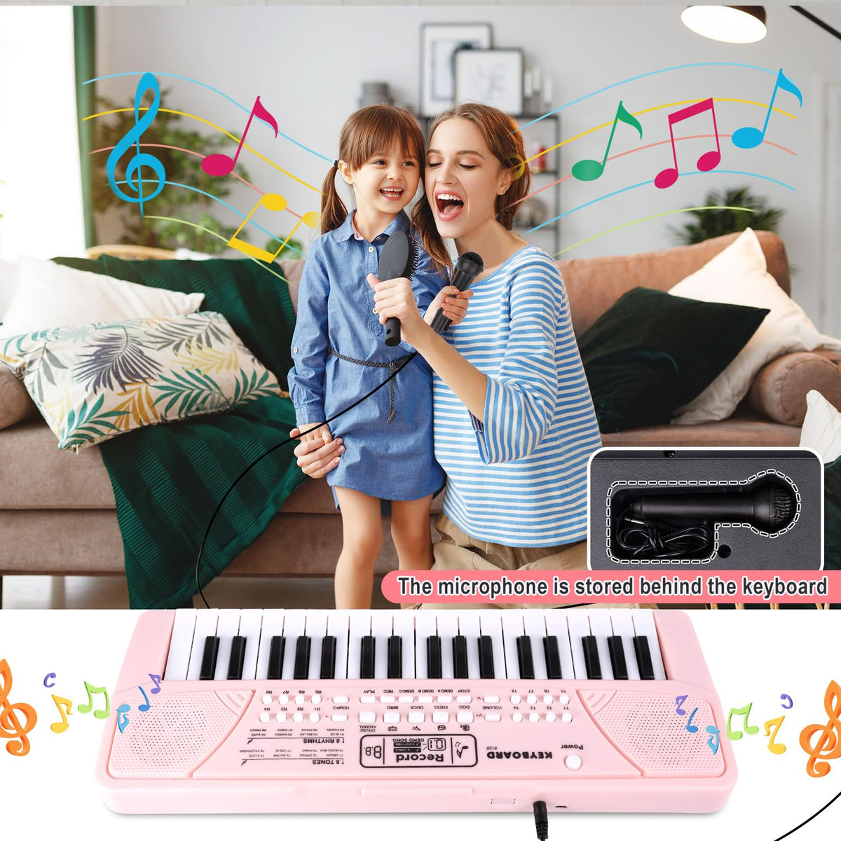 M SANMERSEN microphone behind keyboard encourages singing during play