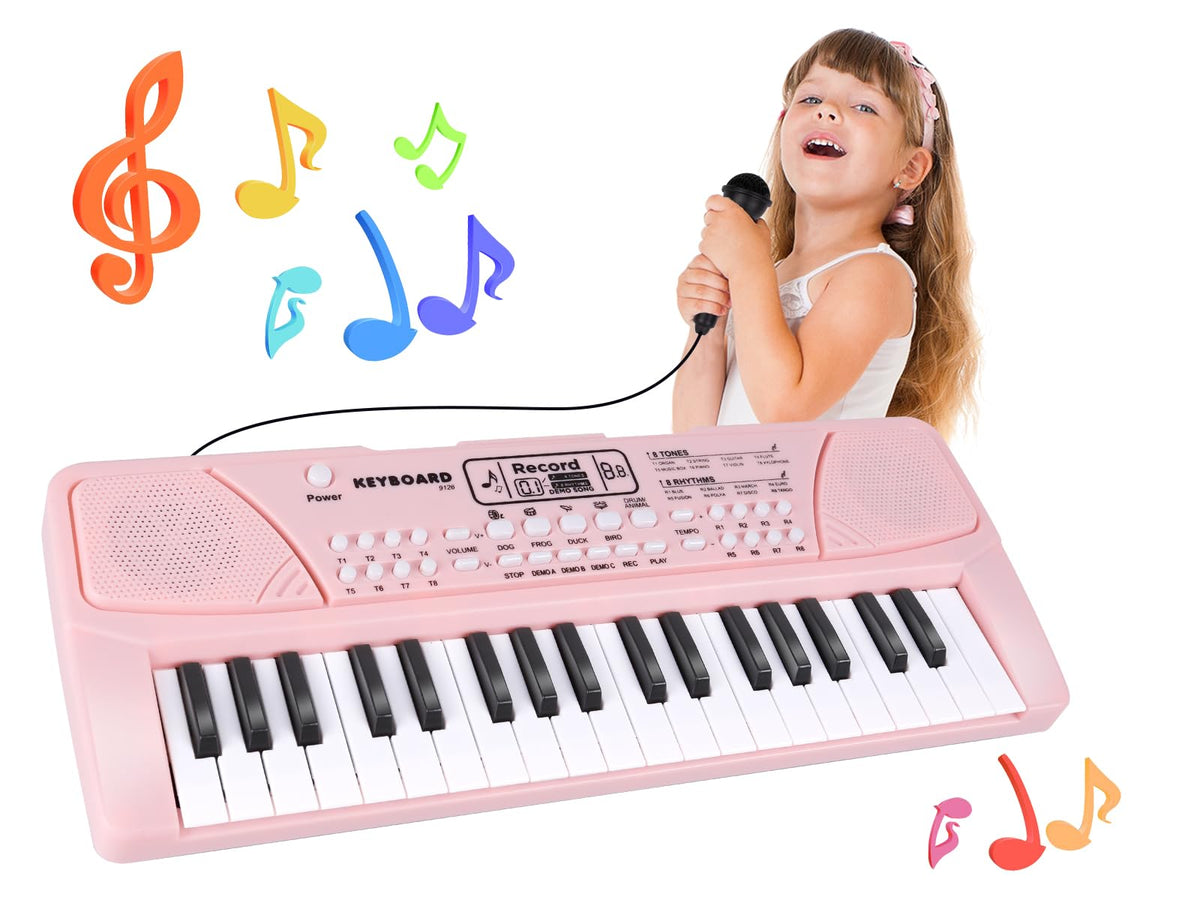 M SANMERSEN 37-key pink kids piano front view for beginner music exploration