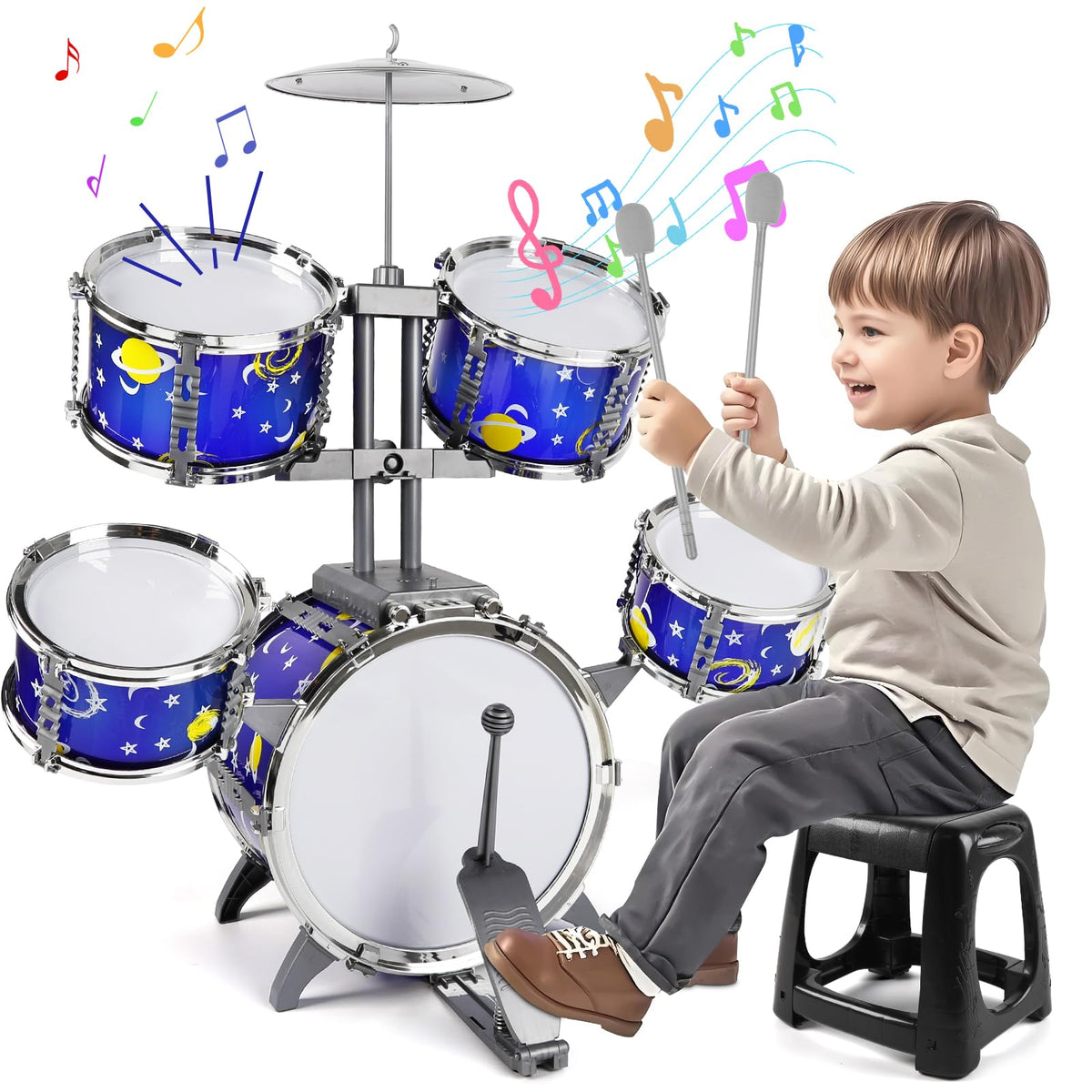 M SANMERSEN Upgraded Kids Jazz Drum Set with 5 drums and stool for imaginative play