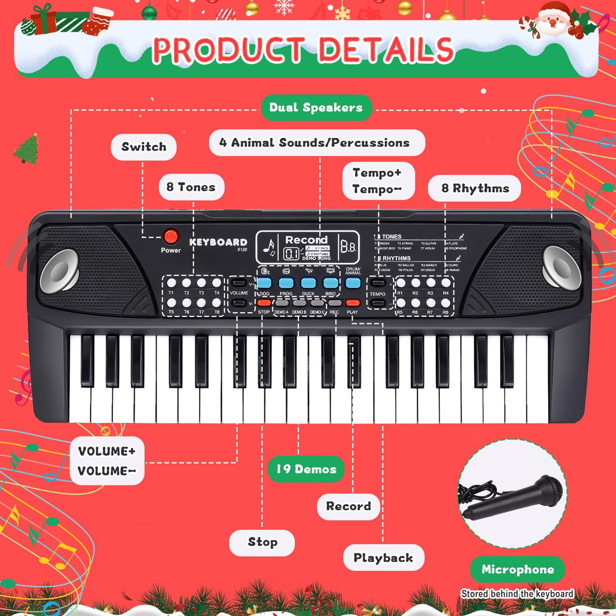 M SANMERSEN Upgraded Kids Piano microphone behind view supports singing along