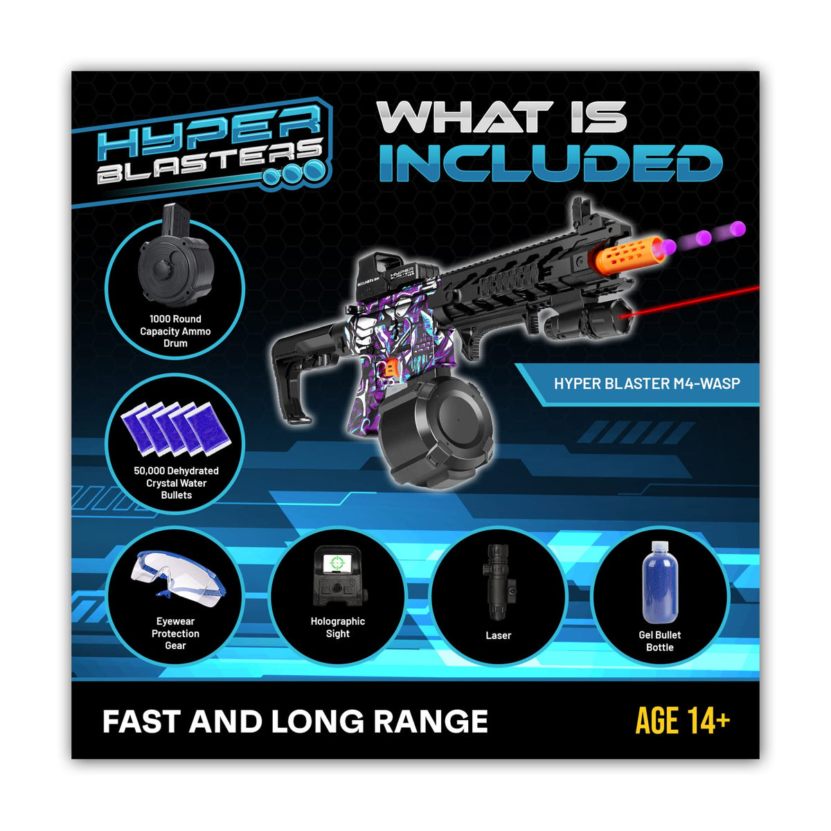 M-Zone HyperBlasters M4 Wasp holographic sight adds dramatic targeting during play.