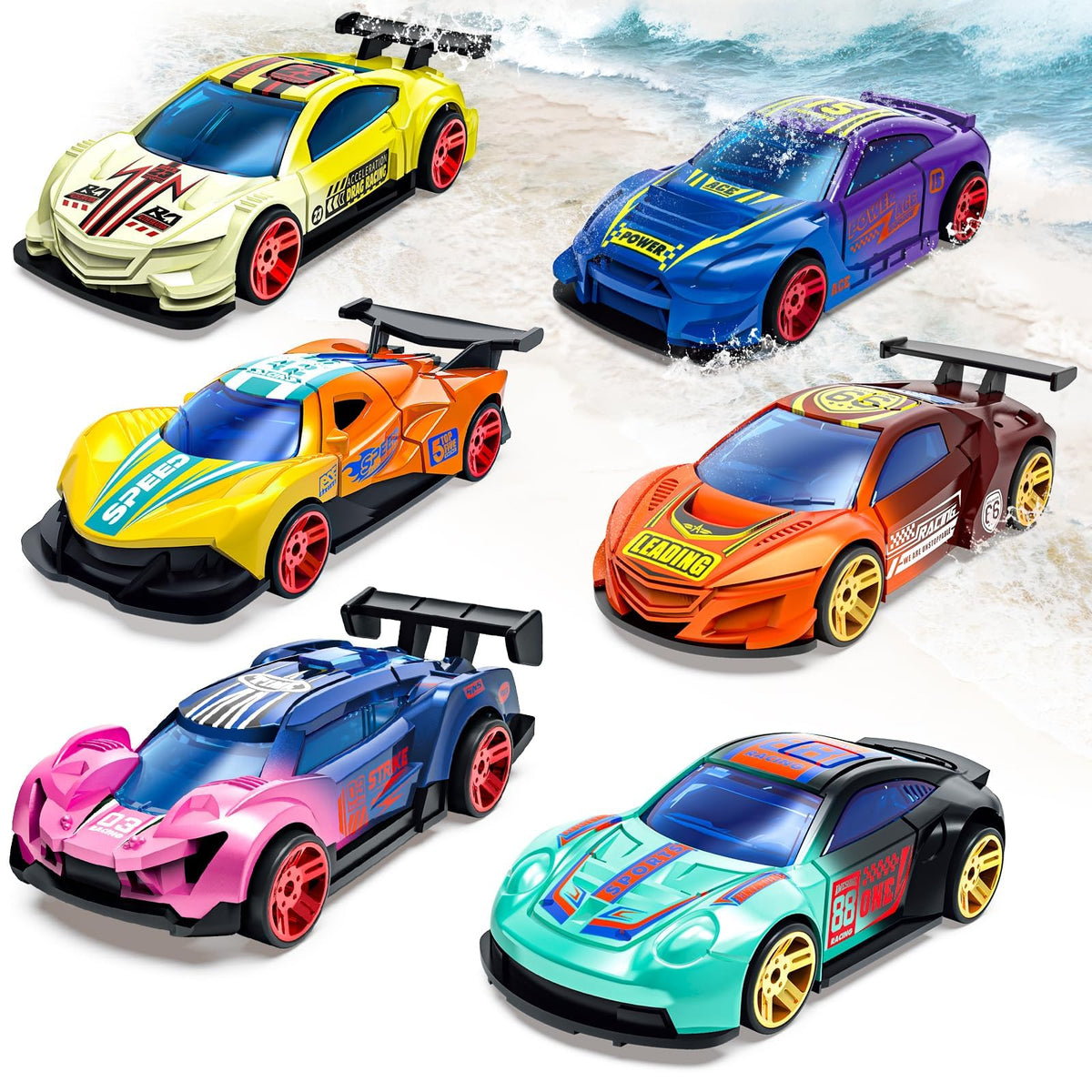 MACALOCA color-changing cars pack six diecast toys for bath-time play and collection.