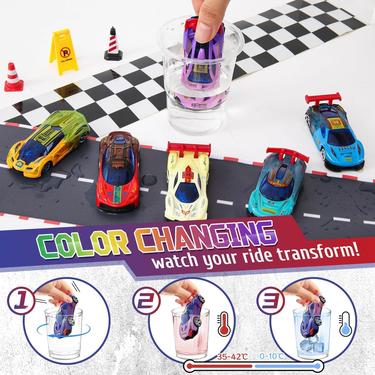 MACALOCA diecast bath toy with water-activated color change for bath time fun.