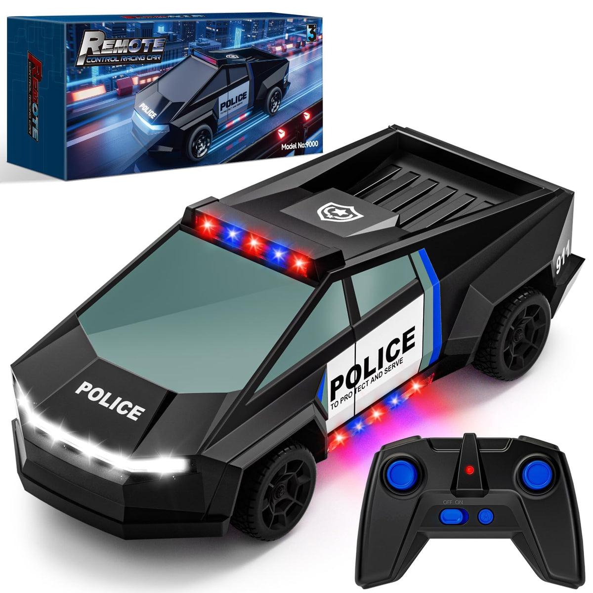 MACALOCA police RC truck with LED lights for immersive night driving.