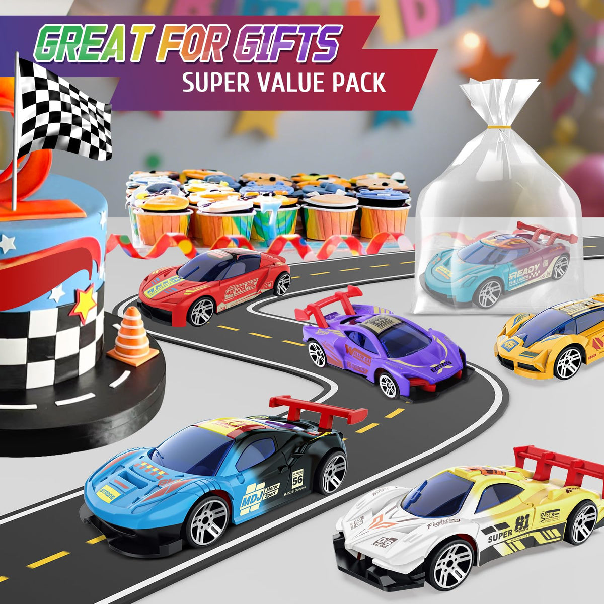 MACALOCA smooth-wheeled race cars for easy push-around play and track fun.