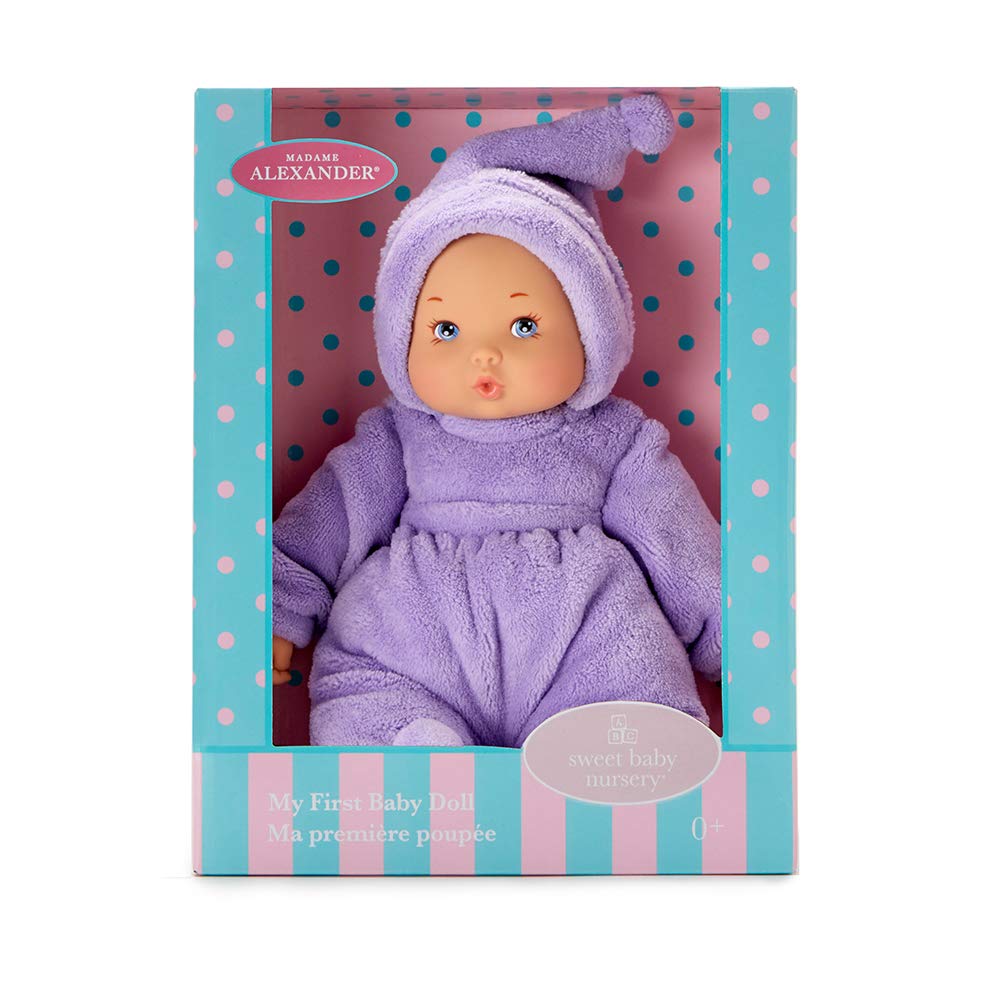 Madame Alexander my first lavender baby doll face closeup highlights blue eyes for storytelling.