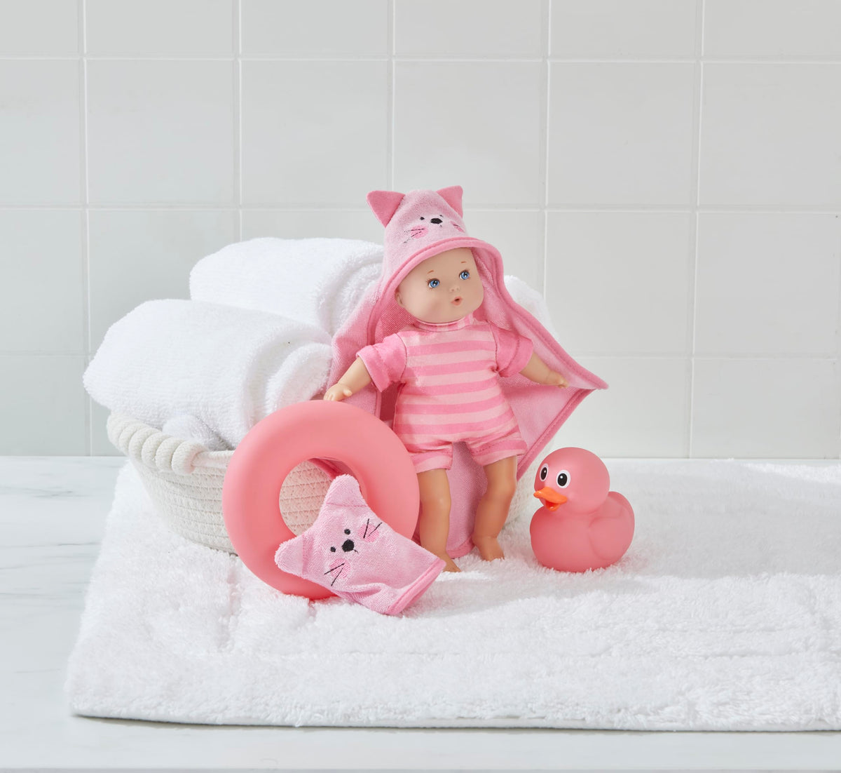Madame Alexander Splash and Play Cuties wetsuit closeup showing durable, colorful design for splash sessions