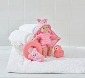 Madame Alexander Splash and Play Cuties wetsuit closeup showing durable, colorful design for splash sessions
