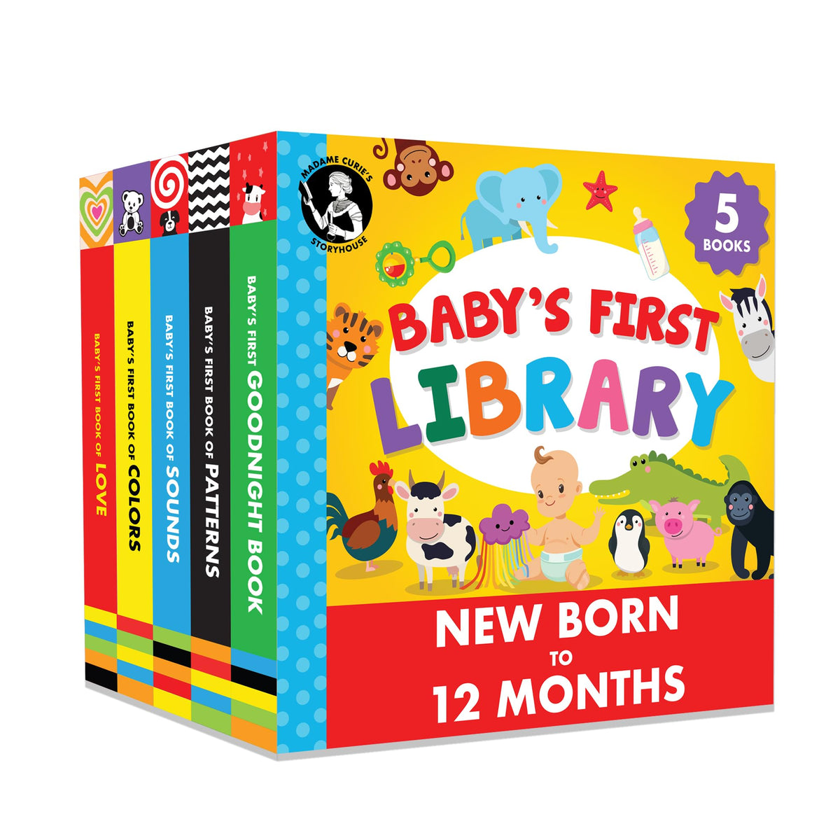 Madame Curie's Storyhouse baby's first library set cover: bright, inviting pages to spark early curiosity