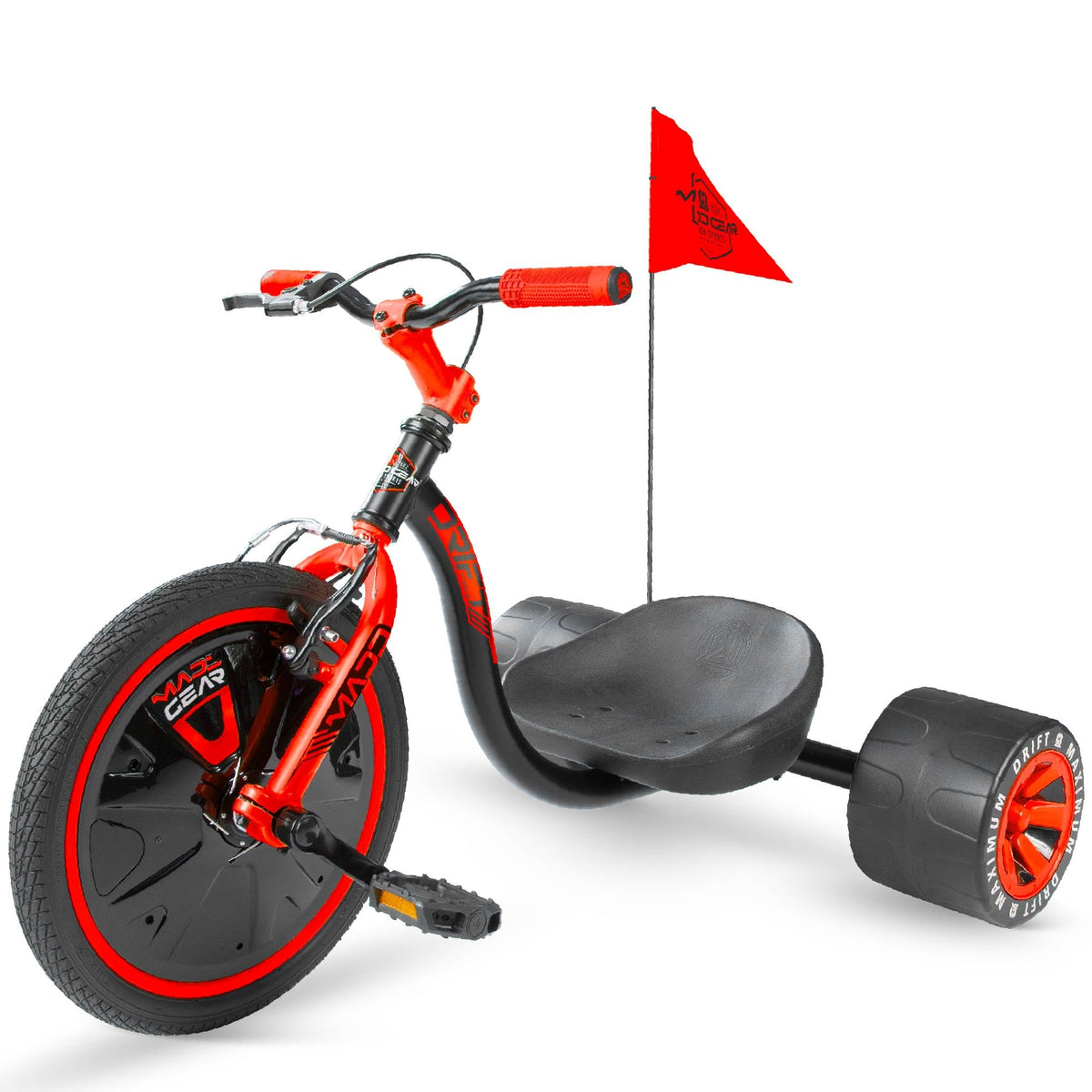 Madd Gear drift trike front wheel close-up showing sturdy build for growing riders