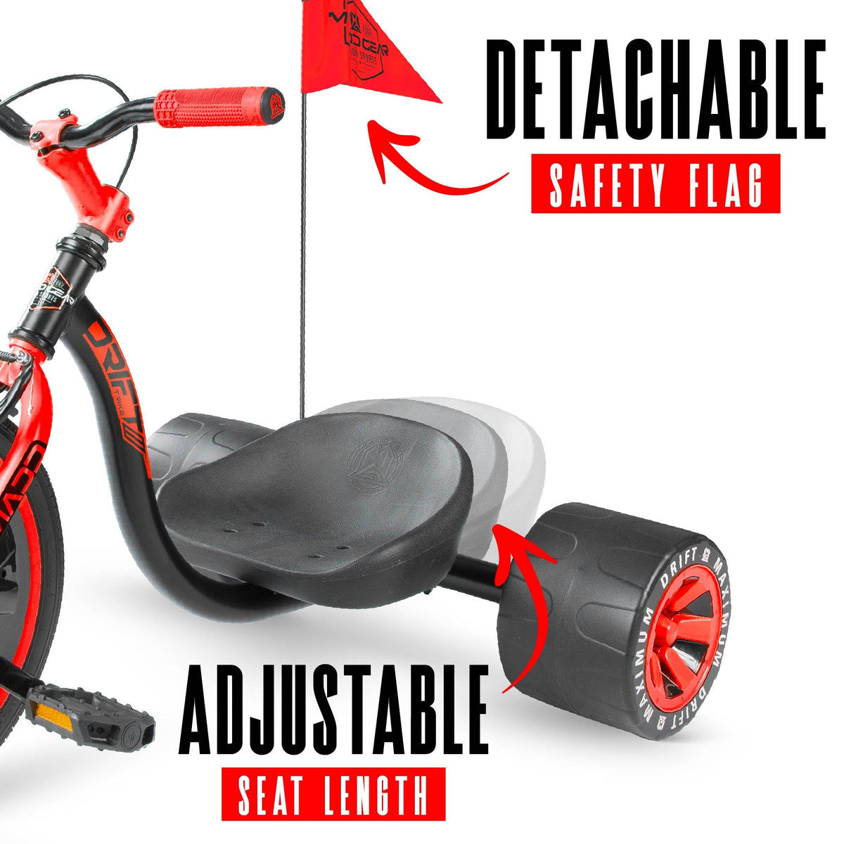 Madd Gear drift trike rear drift wheels enabling controlled slides