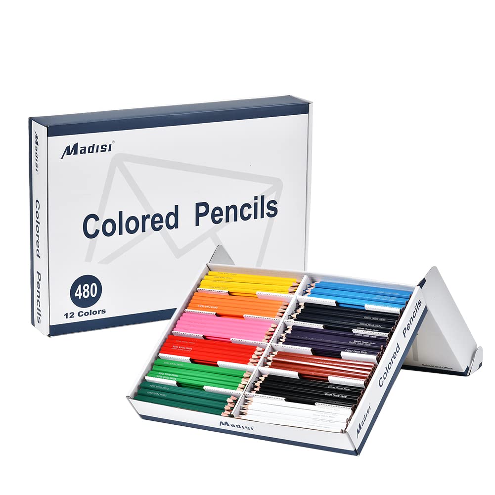 Madisi colored pencils bulk with pre-sharpened tips in a box for easy classroom use.