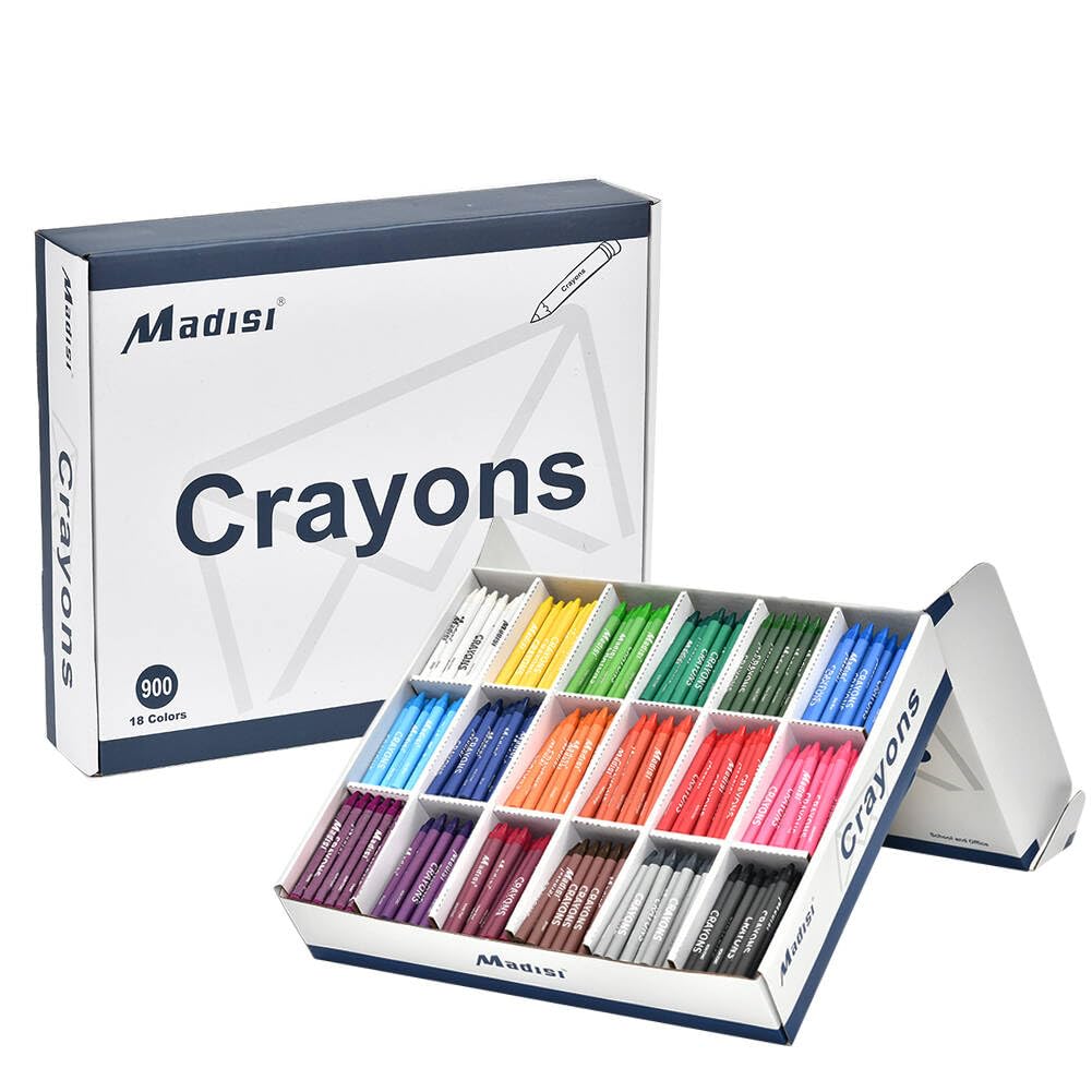 Madisi Crayon Bulk Pack in a sturdy box with 18 colors supports classroom creativity.