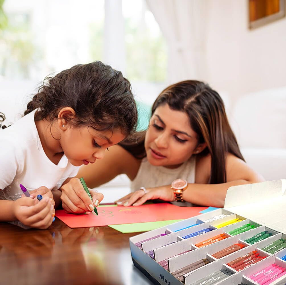 Classroom setup with Madisi crayons enables efficient group art activities.