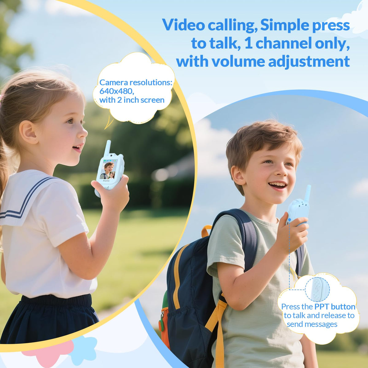 Kids use Mafiti walkie talkies blue while playing outdoors