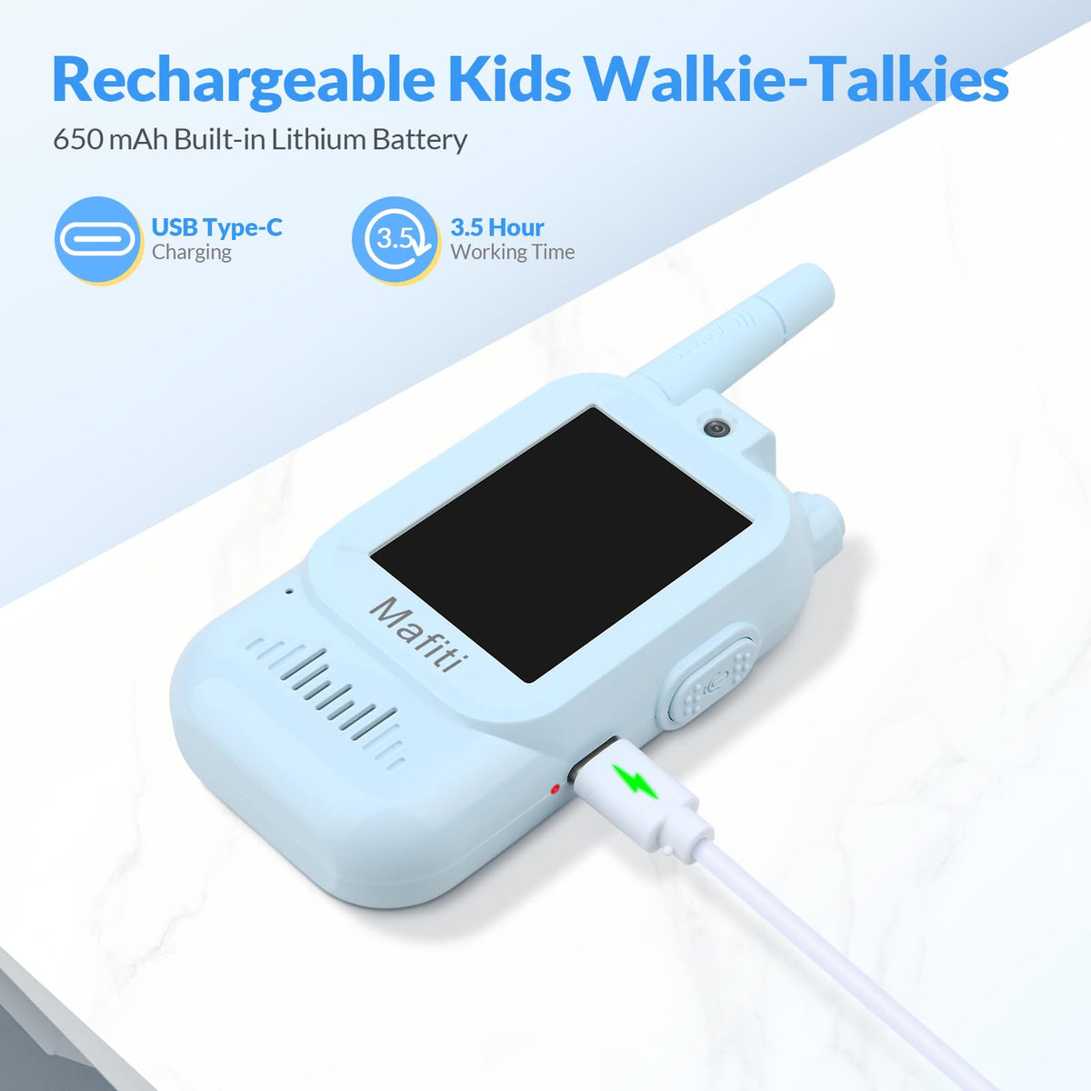 Rechargeable Mafiti walkie talkie charges via USB for convenience